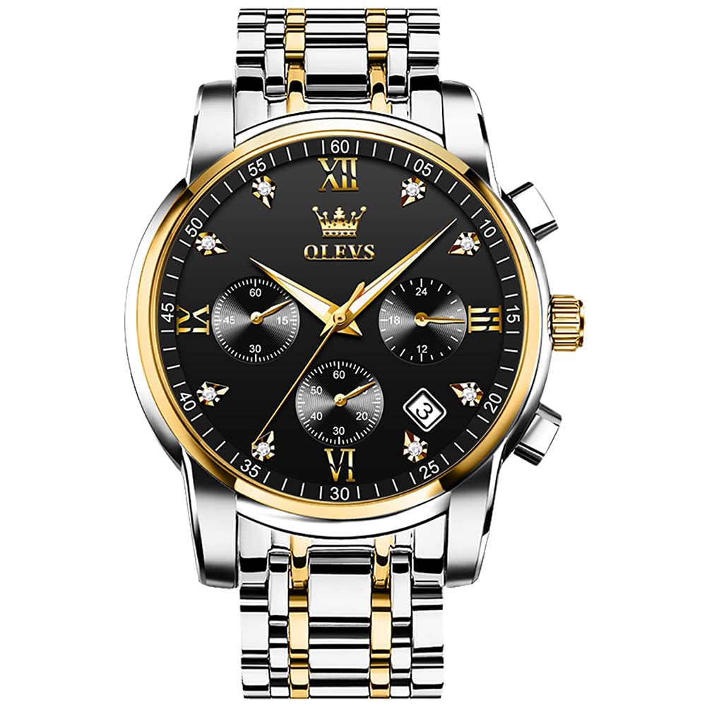 OLEVS Men's Stainless Steel Chronograph Watch, Big Face Gold Silver Black Tone Easy to Read Analog Quartz Watch, Luxury Waterproof Date Diamond Roman Arabic Numerals Dial Dress Watch for Men