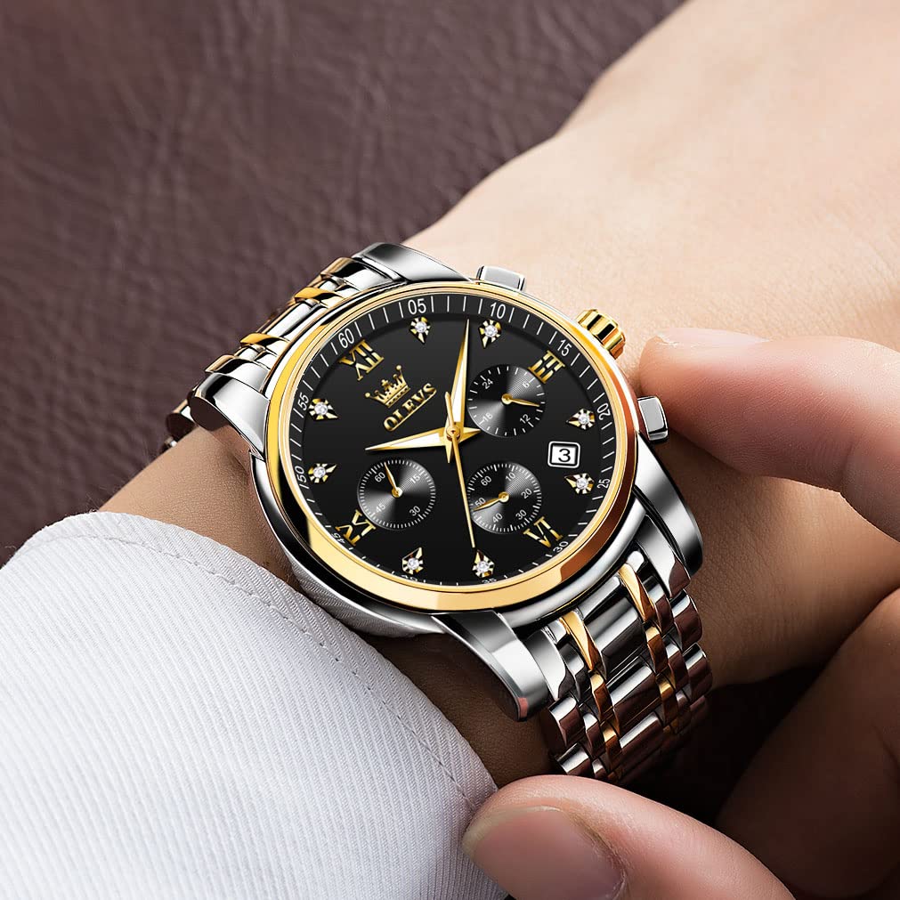 OLEVS Men's Stainless Steel Chronograph Watch, Big Face Gold Silver Black Tone Easy to Read Analog Quartz Watch, Luxury Waterproof Date Diamond Roman Arabic Numerals Dial Dress Watch for Men