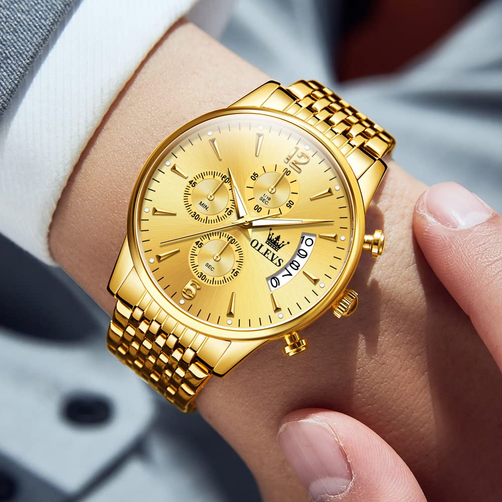 OLEVS Men's Stainless Steel Chronograph Watch, Big Face Gold Silver Black Tone Easy to Read Analog Quartz Watch, Luxury Waterproof Date Diamond Roman Arabic Numerals Dial Dress Watch for Men