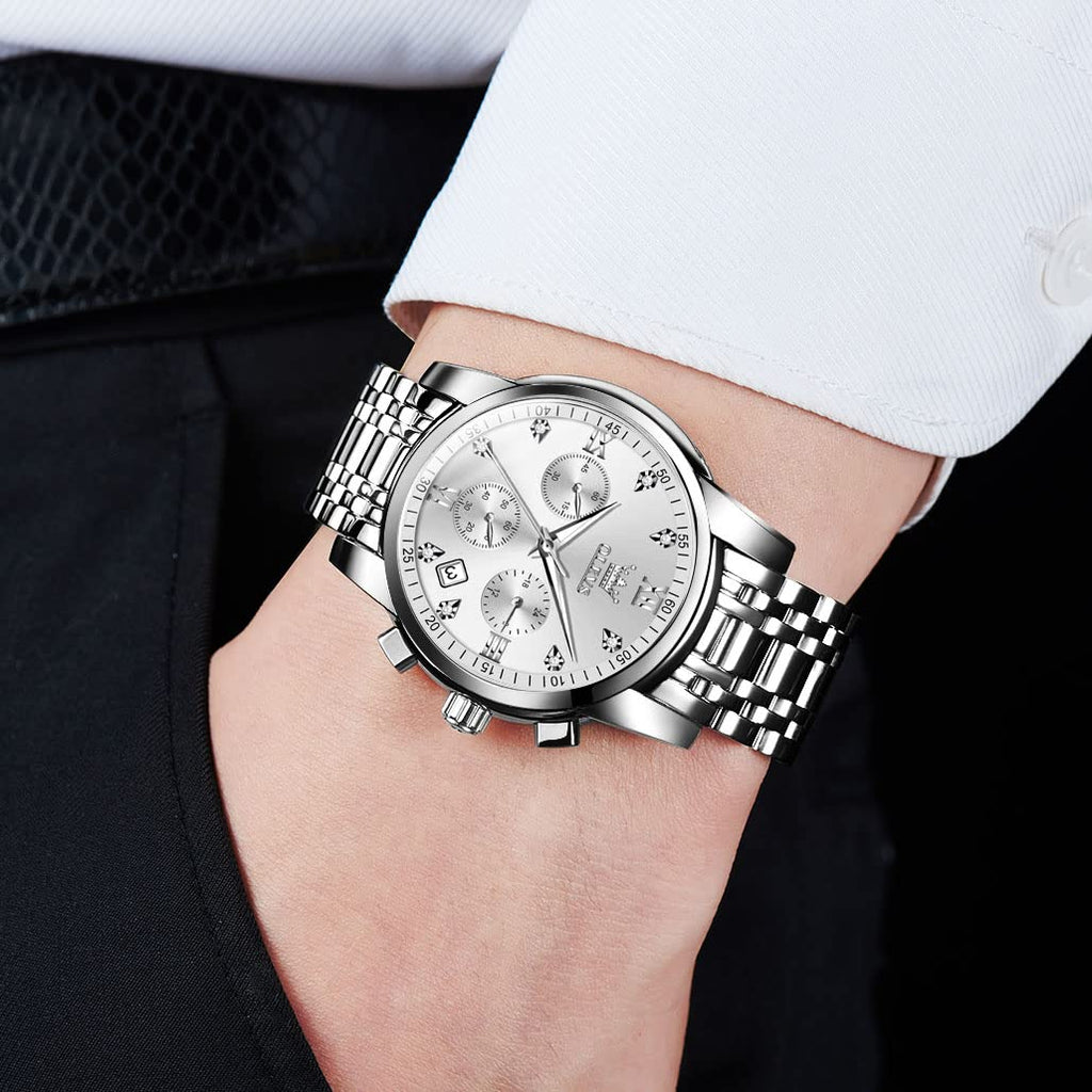 OLEVS Men's Stainless Steel Chronograph Watch, Big Face Gold Silver Black Tone Easy to Read Analog Quartz Watch, Luxury Waterproof Date Diamond Roman Arabic Numerals Dial Dress Watch for Men