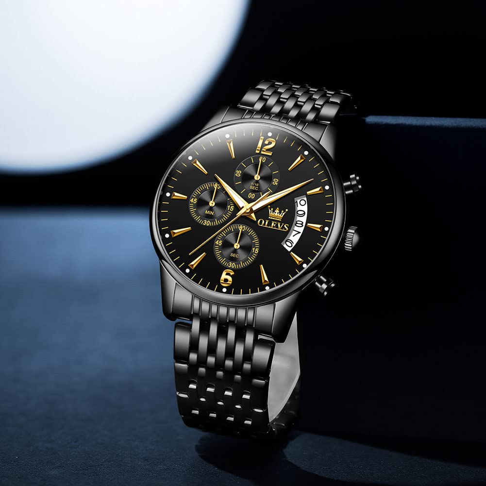 OLEVS Men's Stainless Steel Chronograph Watch, Big Face Gold Silver Black Tone Easy to Read Analog Quartz Watch, Luxury Waterproof Date Diamond Roman Arabic Numerals Dial Dress Watch for Men