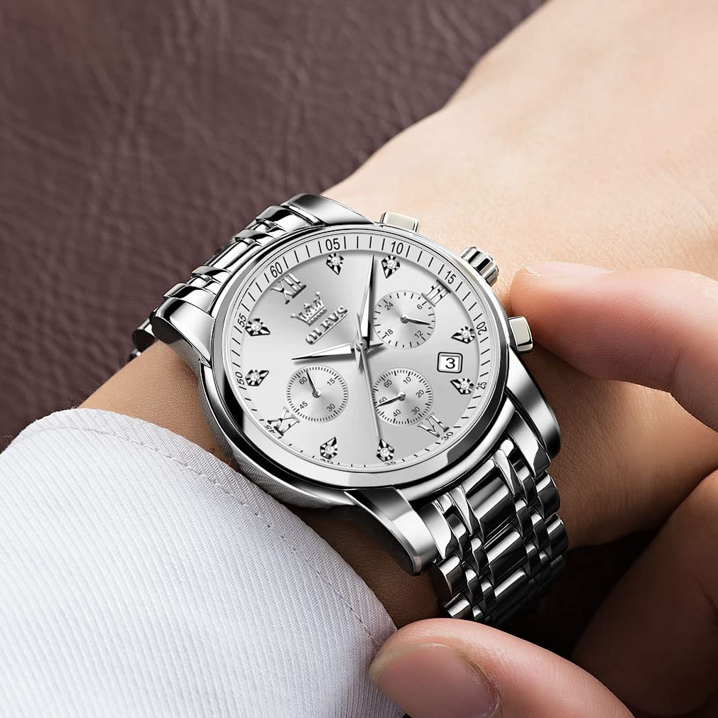 OLEVS Men's Stainless Steel Chronograph Watch, Big Face Gold Silver Black Tone Easy to Read Analog Quartz Watch, Luxury Waterproof Date Diamond Roman Arabic Numerals Dial Dress Watch for Men