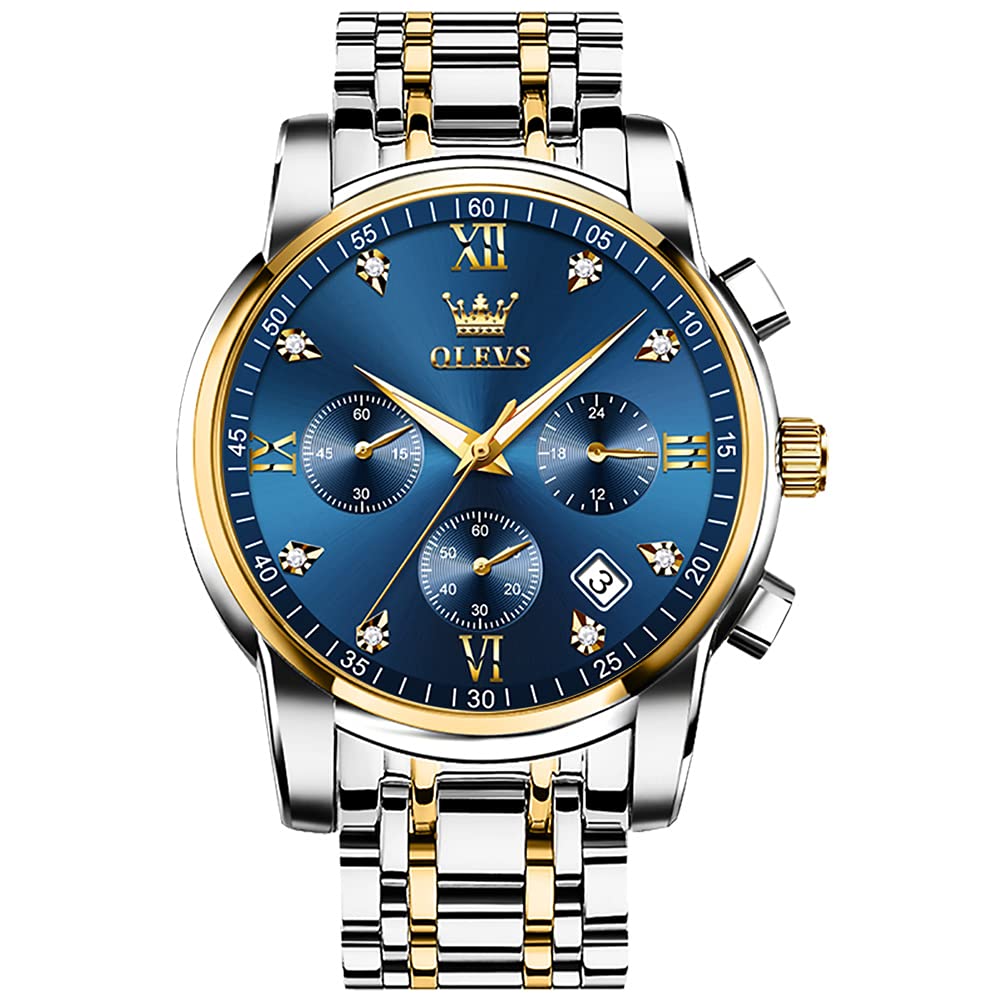OLEVS Men's Stainless Steel Chronograph Watch, Big Face Gold Silver Black Tone Easy to Read Analog Quartz Watch, Luxury Waterproof Date Diamond Roman Arabic Numerals Dial Dress Watch for Men