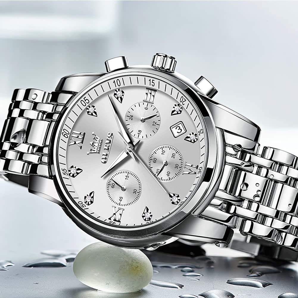 OLEVS Men's Stainless Steel Chronograph Watch, Big Face Gold Silver Black Tone Easy to Read Analog Quartz Watch, Luxury Waterproof Date Diamond Roman Arabic Numerals Dial Dress Watch for Men