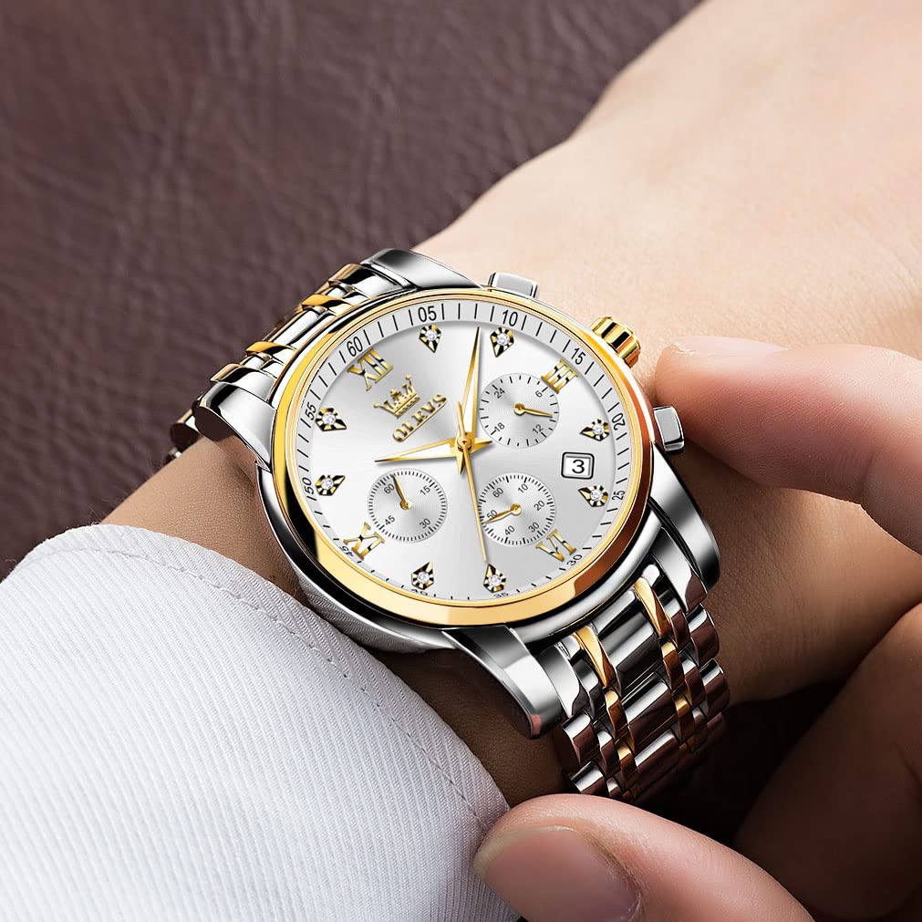 OLEVS Men's Stainless Steel Chronograph Watch, Big Face Gold Silver Black Tone Easy to Read Analog Quartz Watch, Luxury Waterproof Date Diamond Roman Arabic Numerals Dial Dress Watch for Men
