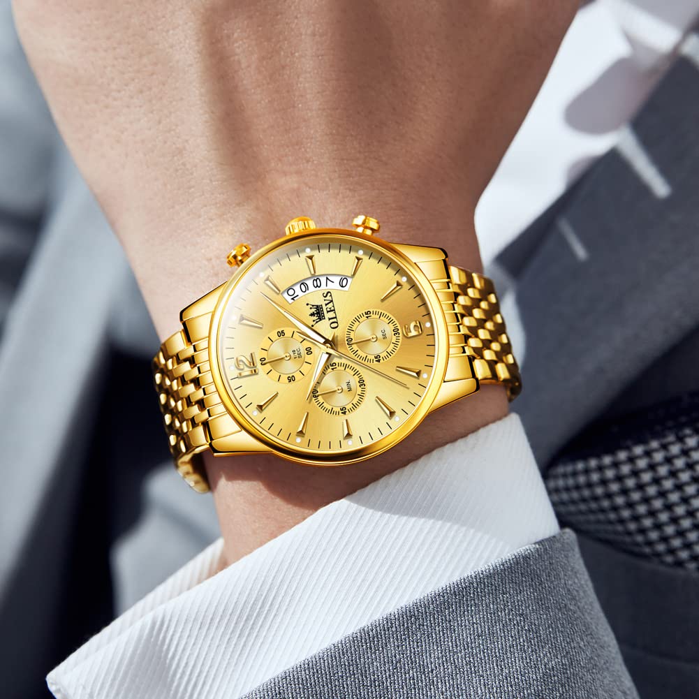 OLEVS Men's Stainless Steel Chronograph Watch, Big Face Gold Silver Black Tone Easy to Read Analog Quartz Watch, Luxury Waterproof Date Diamond Roman Arabic Numerals Dial Dress Watch for Men