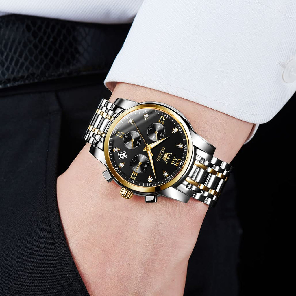 OLEVS Men's Stainless Steel Chronograph Watch, Big Face Gold Silver Black Tone Easy to Read Analog Quartz Watch, Luxury Waterproof Date Diamond Roman Arabic Numerals Dial Dress Watch for Men