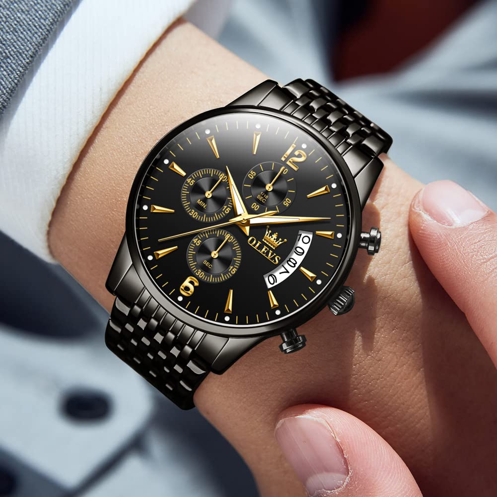 OLEVS Men's Stainless Steel Chronograph Watch, Big Face Gold Silver Black Tone Easy to Read Analog Quartz Watch, Luxury Waterproof Date Diamond Roman Arabic Numerals Dial Dress Watch for Men
