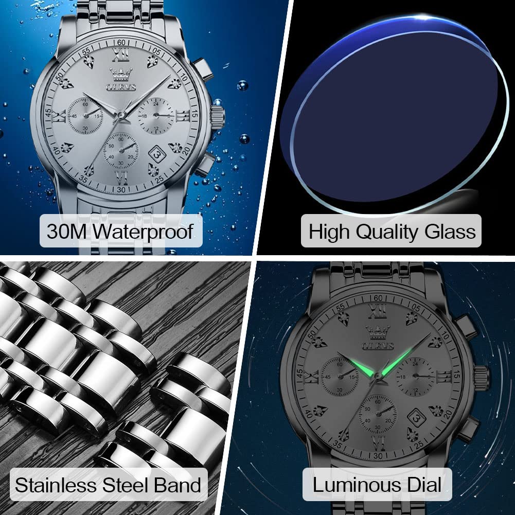 OLEVS Men's Stainless Steel Chronograph Watch, Big Face Gold Silver Black Tone Easy to Read Analog Quartz Watch, Luxury Waterproof Date Diamond Roman Arabic Numerals Dial Dress Watch for Men