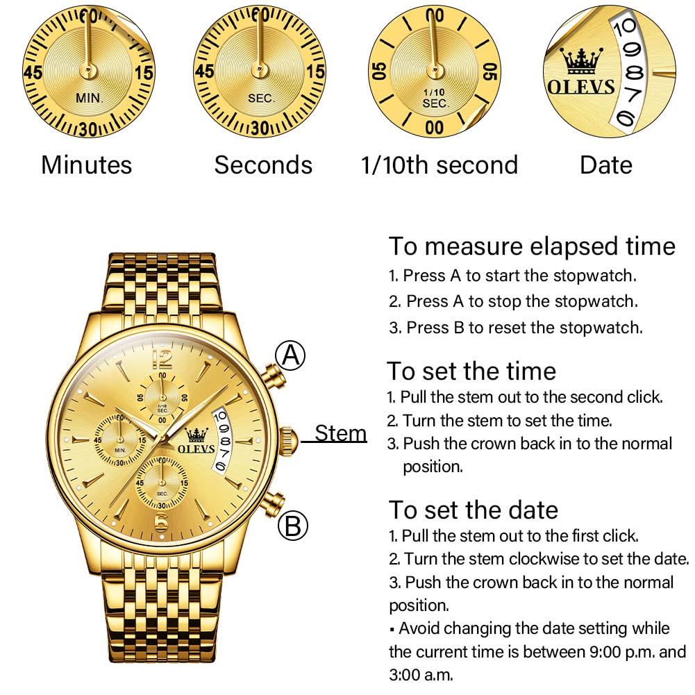 OLEVS Men's Stainless Steel Chronograph Watch, Big Face Gold Silver Black Tone Easy to Read Analog Quartz Watch, Luxury Waterproof Date Diamond Roman Arabic Numerals Dial Dress Watch for Men