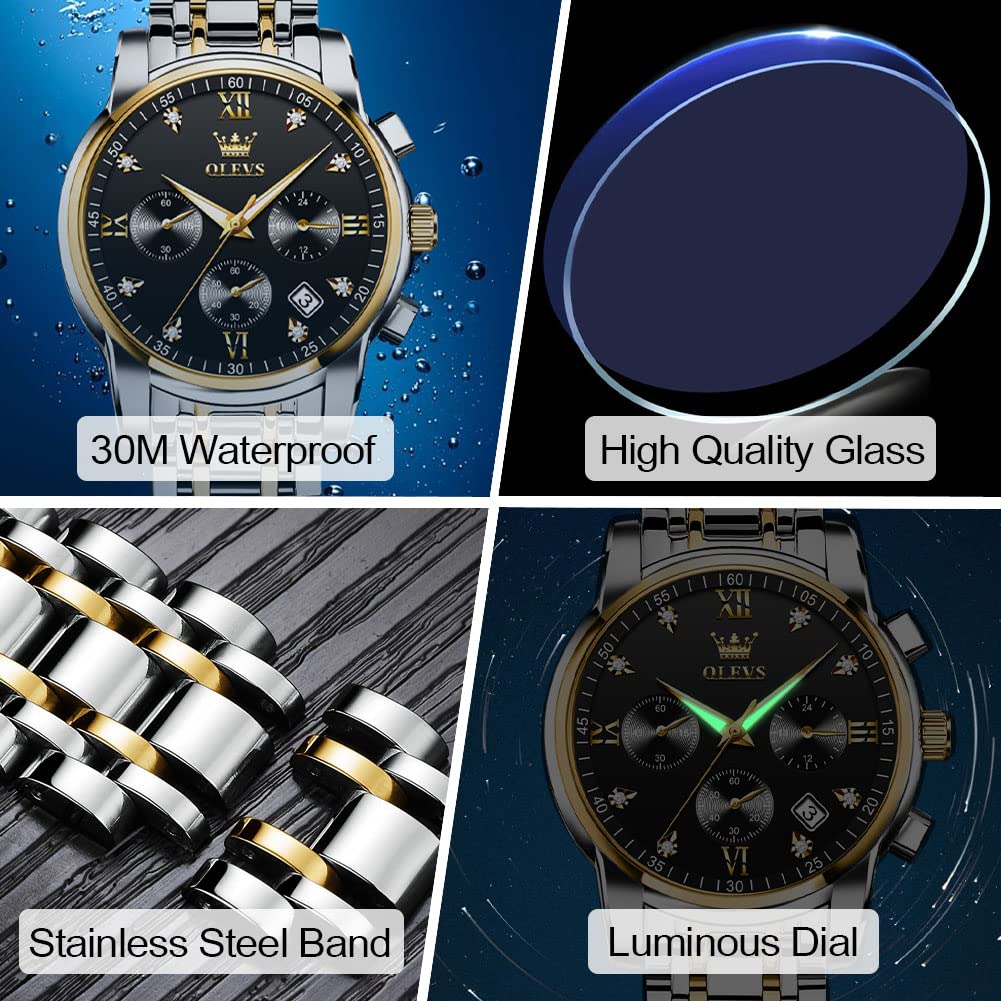 OLEVS Men's Stainless Steel Chronograph Watch, Big Face Gold Silver Black Tone Easy to Read Analog Quartz Watch, Luxury Waterproof Date Diamond Roman Arabic Numerals Dial Dress Watch for Men