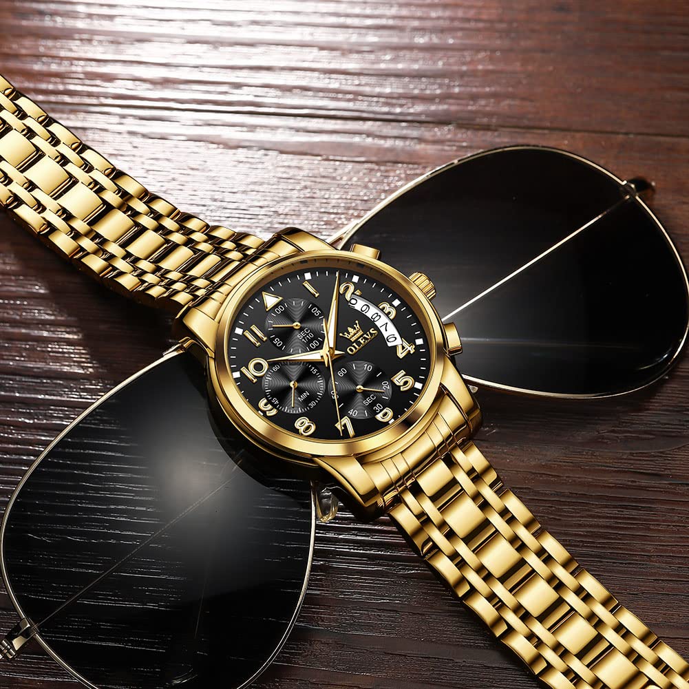 OLEVS Men's Stainless Steel Chronograph Watch, Big Face Gold Silver Black Tone Easy to Read Analog Quartz Watch, Luxury Waterproof Date Diamond Roman Arabic Numerals Dial Dress Watch for Men