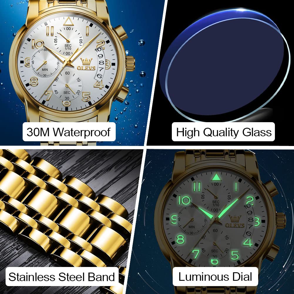 OLEVS Men's Stainless Steel Chronograph Watch, Big Face Gold Silver Black Tone Easy to Read Analog Quartz Watch, Luxury Waterproof Date Diamond Roman Arabic Numerals Dial Dress Watch for Men