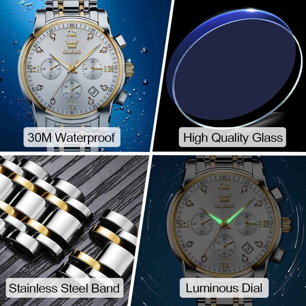 OLEVS Men's Stainless Steel Chronograph Watch, Big Face Gold Silver Black Tone Easy to Read Analog Quartz Watch, Luxury Waterproof Date Diamond Roman Arabic Numerals Dial Dress Watch for Men