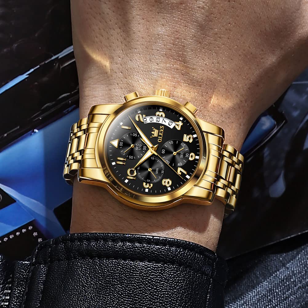 OLEVS Men's Stainless Steel Chronograph Watch, Big Face Gold Silver Black Tone Easy to Read Analog Quartz Watch, Luxury Waterproof Date Diamond Roman Arabic Numerals Dial Dress Watch for Men