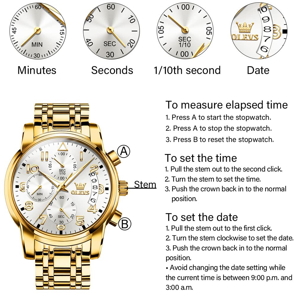 OLEVS Men's Stainless Steel Chronograph Watch, Big Face Gold Silver Black Tone Easy to Read Analog Quartz Watch, Luxury Waterproof Date Diamond Roman Arabic Numerals Dial Dress Watch for Men