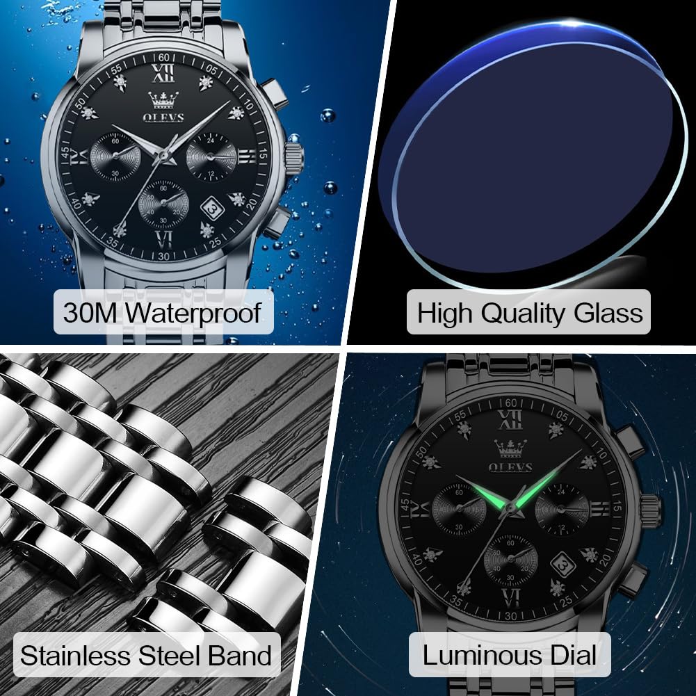 OLEVS Men's Stainless Steel Chronograph Watch, Big Face Gold Silver Black Tone Easy to Read Analog Quartz Watch, Luxury Waterproof Date Diamond Roman Arabic Numerals Dial Dress Watch for Men