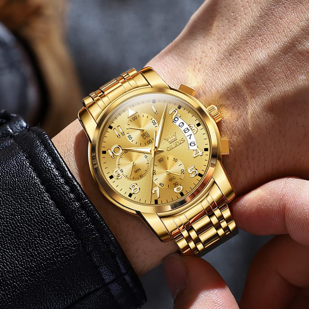 OLEVS Men's Stainless Steel Chronograph Watch, Big Face Gold Silver Black Tone Easy to Read Analog Quartz Watch, Luxury Waterproof Date Diamond Roman Arabic Numerals Dial Dress Watch for Men