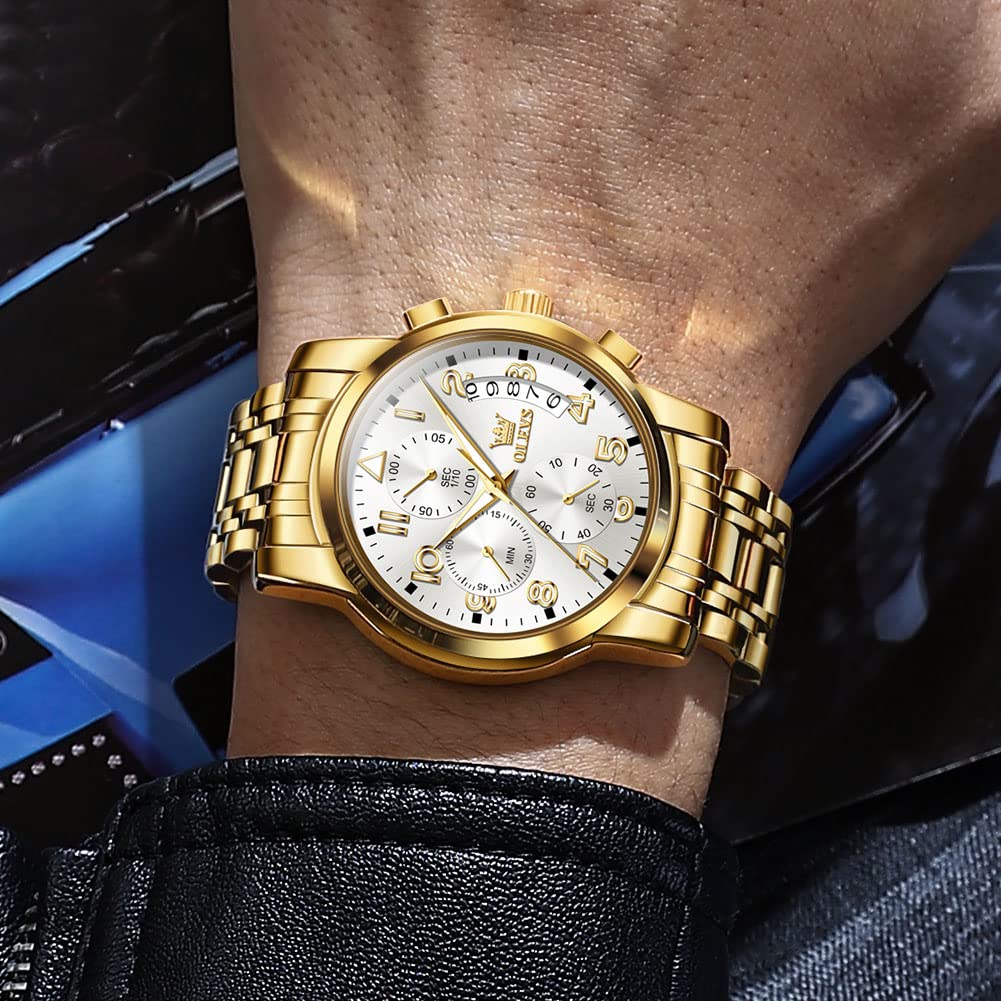 OLEVS Men's Stainless Steel Chronograph Watch, Big Face Gold Silver Black Tone Easy to Read Analog Quartz Watch, Luxury Waterproof Date Diamond Roman Arabic Numerals Dial Dress Watch for Men
