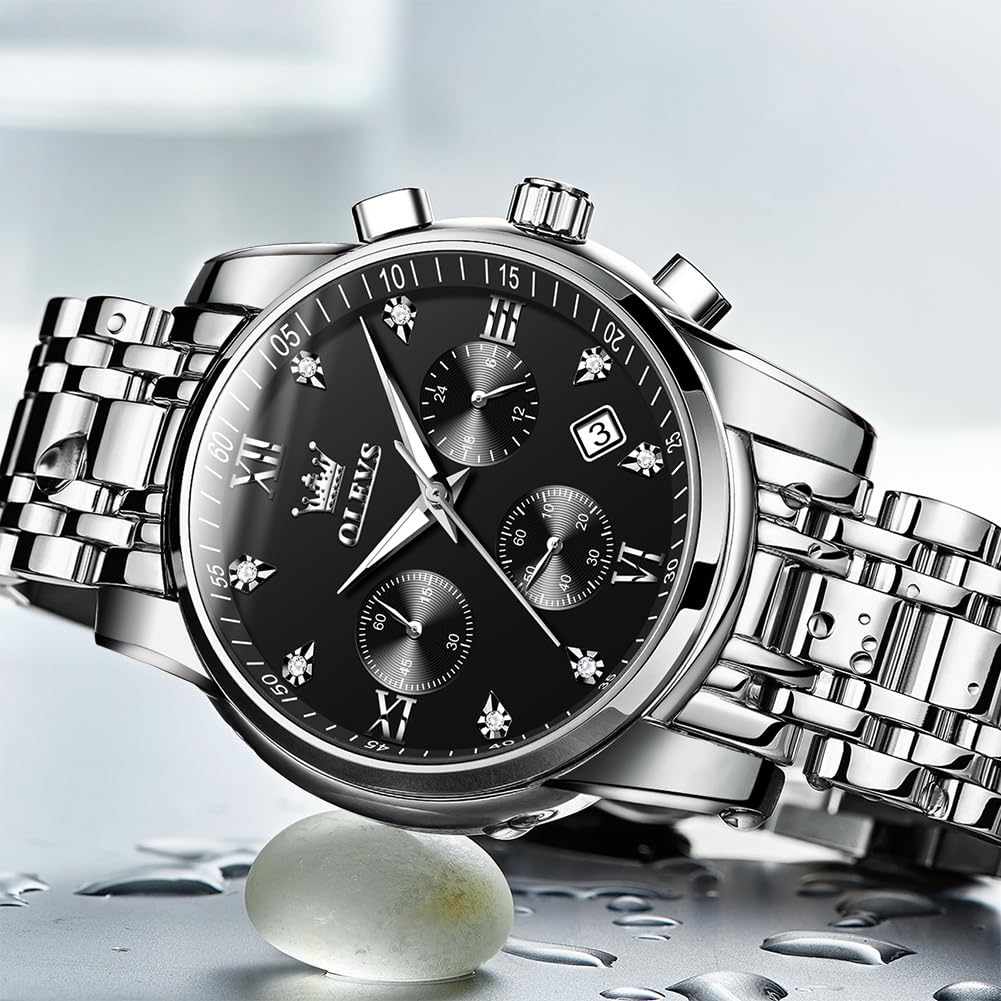 OLEVS Men's Stainless Steel Chronograph Watch, Big Face Gold Silver Black Tone Easy to Read Analog Quartz Watch, Luxury Waterproof Date Diamond Roman Arabic Numerals Dial Dress Watch for Men