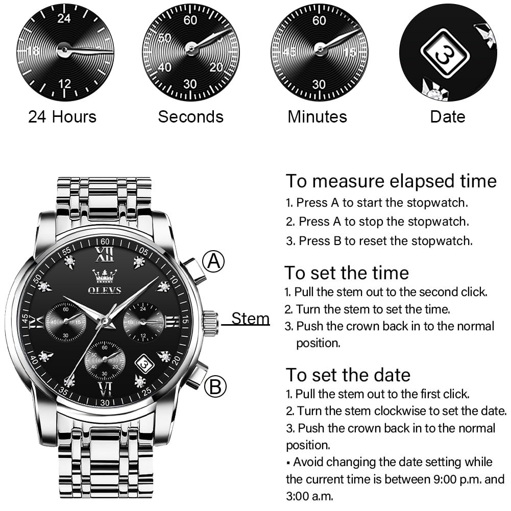OLEVS Men's Stainless Steel Chronograph Watch, Big Face Gold Silver Black Tone Easy to Read Analog Quartz Watch, Luxury Waterproof Date Diamond Roman Arabic Numerals Dial Dress Watch for Men