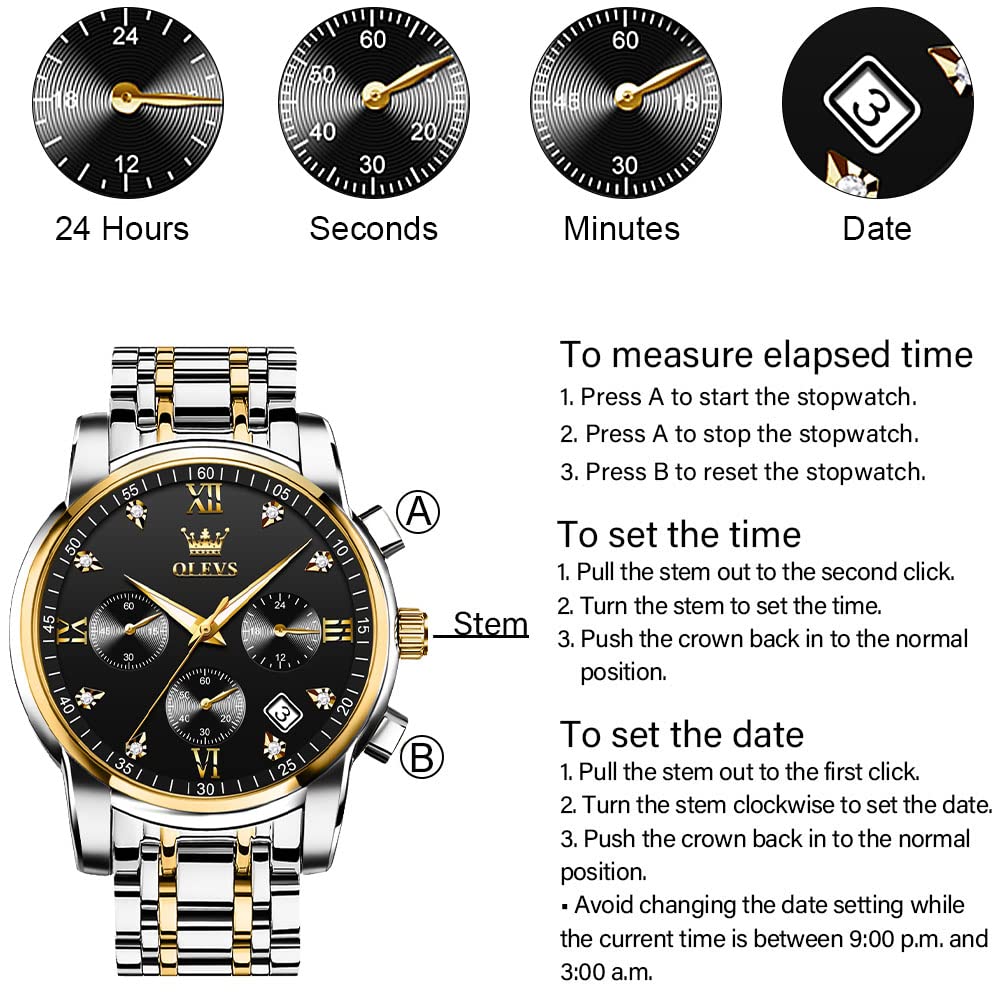 OLEVS Men's Stainless Steel Chronograph Watch, Big Face Gold Silver Black Tone Easy to Read Analog Quartz Watch, Luxury Waterproof Date Diamond Roman Arabic Numerals Dial Dress Watch for Men