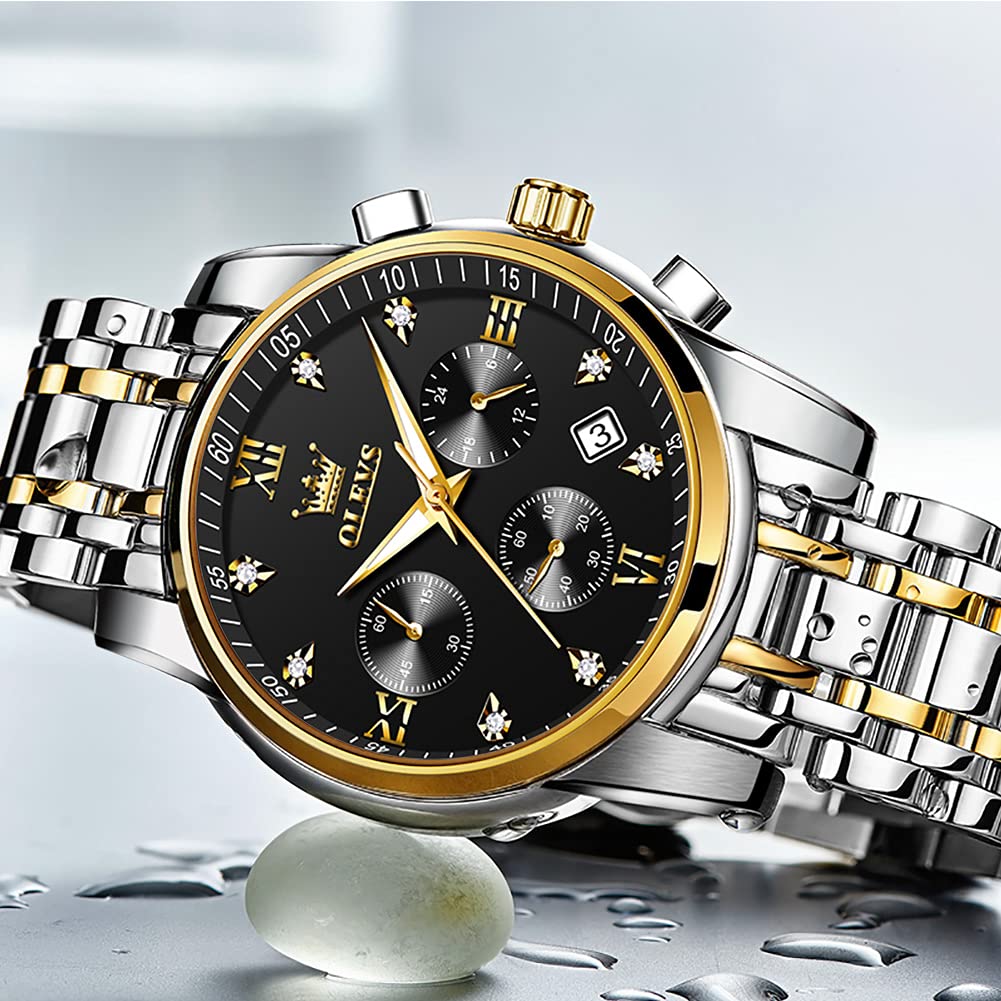 OLEVS Men's Stainless Steel Chronograph Watch, Big Face Gold Silver Black Tone Easy to Read Analog Quartz Watch, Luxury Waterproof Date Diamond Roman Arabic Numerals Dial Dress Watch for Men