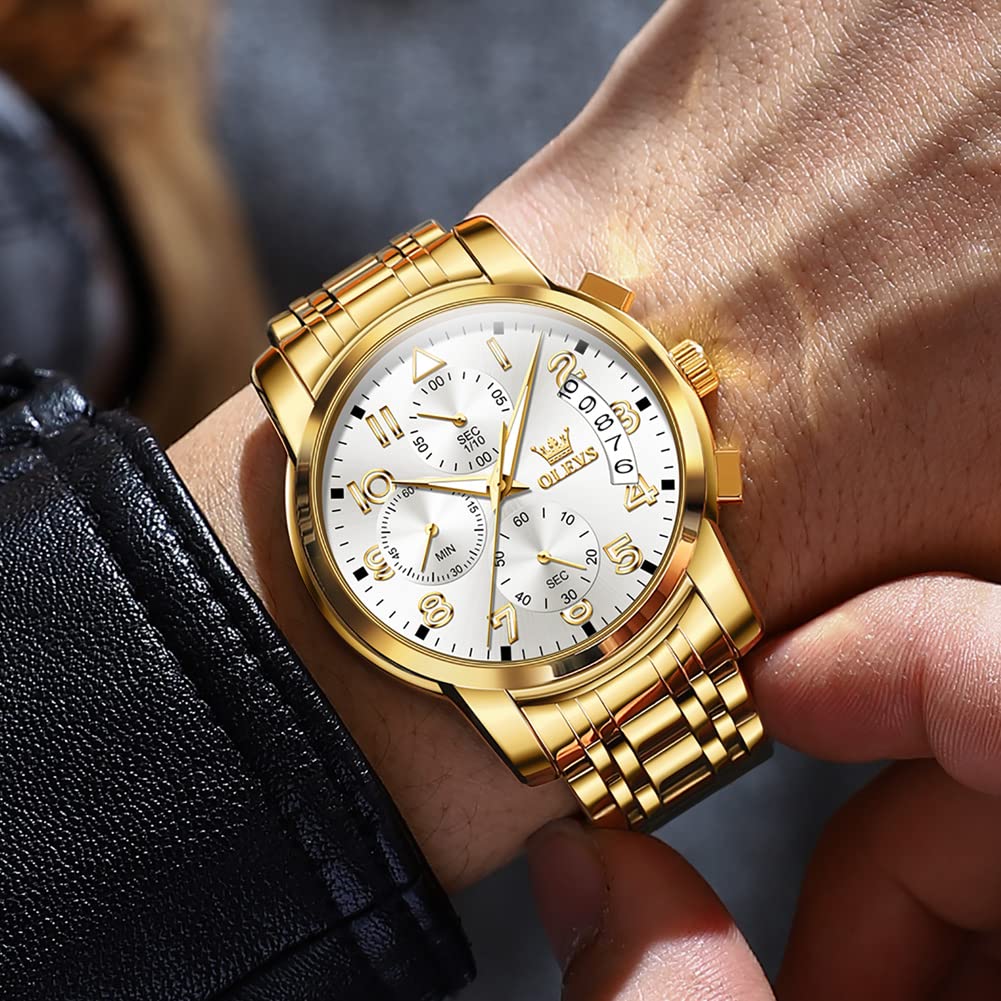 OLEVS Men's Stainless Steel Chronograph Watch, Big Face Gold Silver Black Tone Easy to Read Analog Quartz Watch, Luxury Waterproof Date Diamond Roman Arabic Numerals Dial Dress Watch for Men