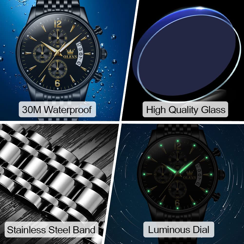 OLEVS Men's Stainless Steel Chronograph Watch, Big Face Gold Silver Black Tone Easy to Read Analog Quartz Watch, Luxury Waterproof Date Diamond Roman Arabic Numerals Dial Dress Watch for Men