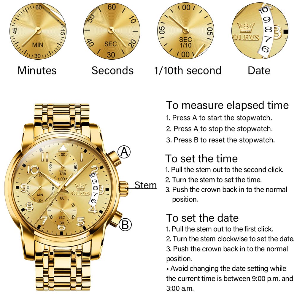 OLEVS Men's Stainless Steel Chronograph Watch, Big Face Gold Silver Black Tone Easy to Read Analog Quartz Watch, Luxury Waterproof Date Diamond Roman Arabic Numerals Dial Dress Watch for Men