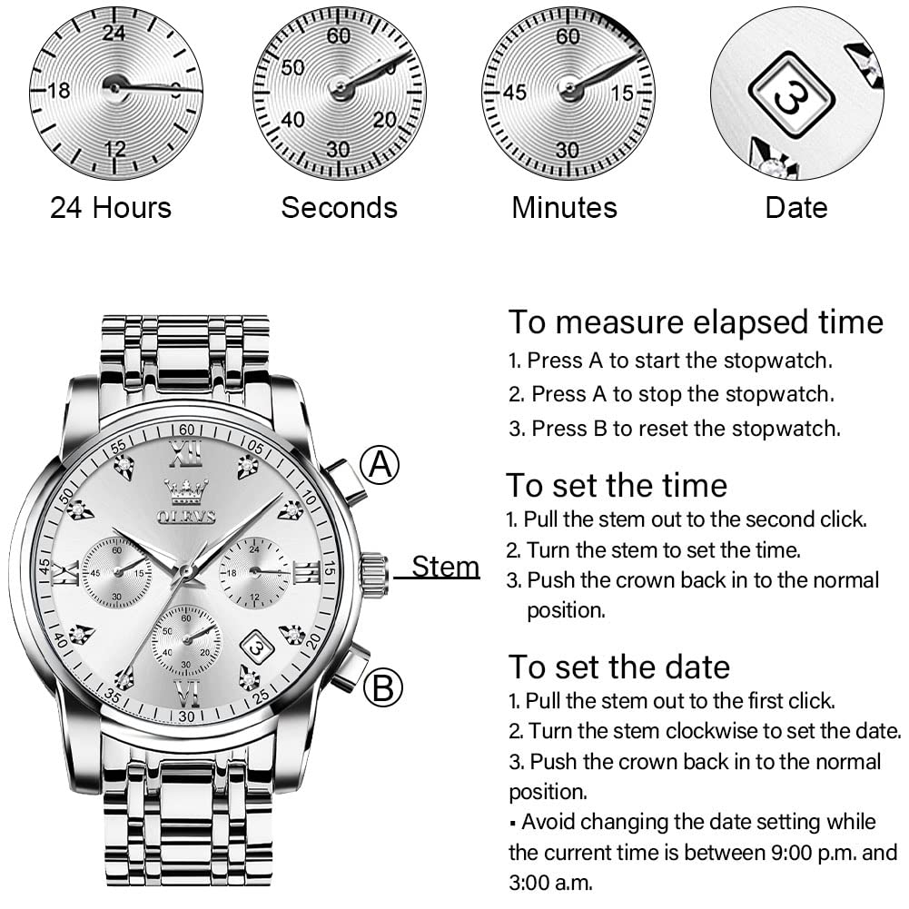 OLEVS Men's Stainless Steel Chronograph Watch, Big Face Gold Silver Black Tone Easy to Read Analog Quartz Watch, Luxury Waterproof Date Diamond Roman Arabic Numerals Dial Dress Watch for Men