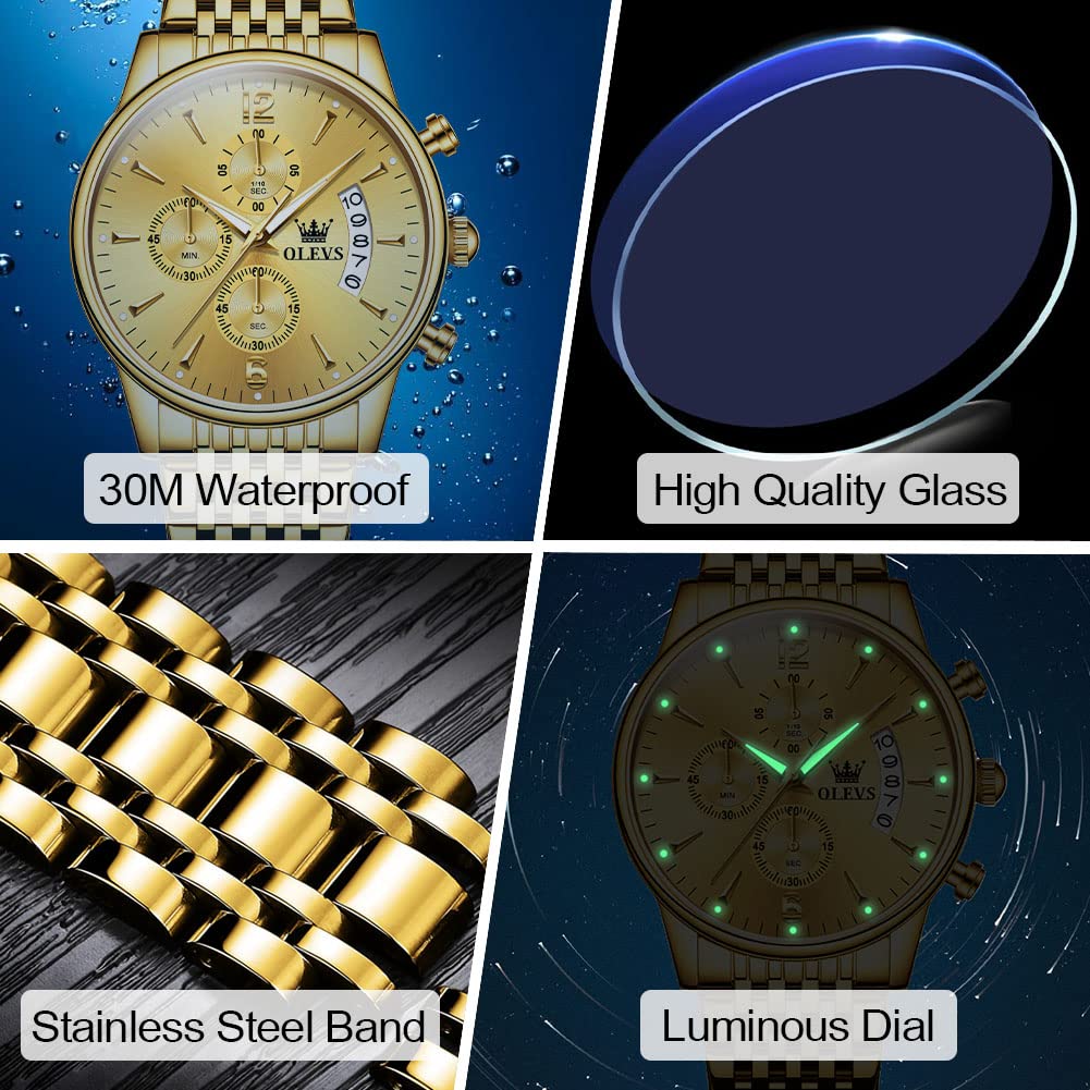 OLEVS Men's Stainless Steel Chronograph Watch, Big Face Gold Silver Black Tone Easy to Read Analog Quartz Watch, Luxury Waterproof Date Diamond Roman Arabic Numerals Dial Dress Watch for Men