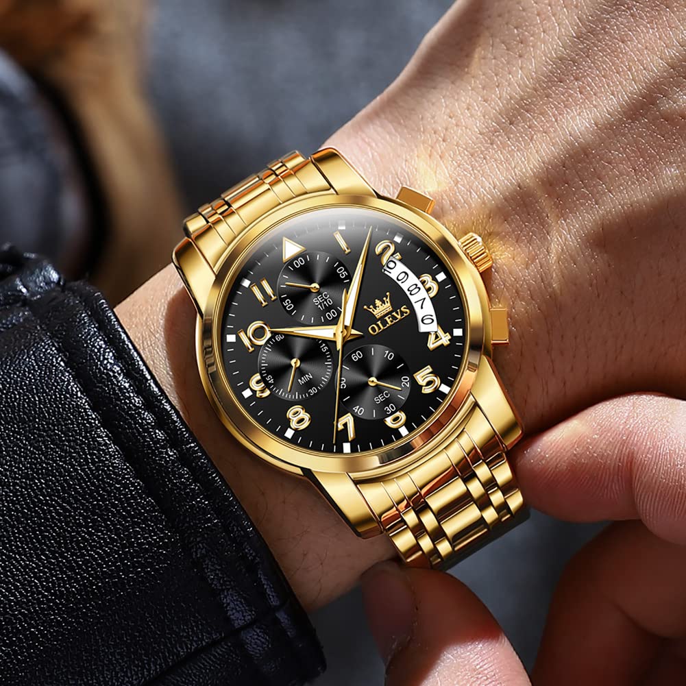 OLEVS Men's Stainless Steel Chronograph Watch, Big Face Gold Silver Black Tone Easy to Read Analog Quartz Watch, Luxury Waterproof Date Diamond Roman Arabic Numerals Dial Dress Watch for Men