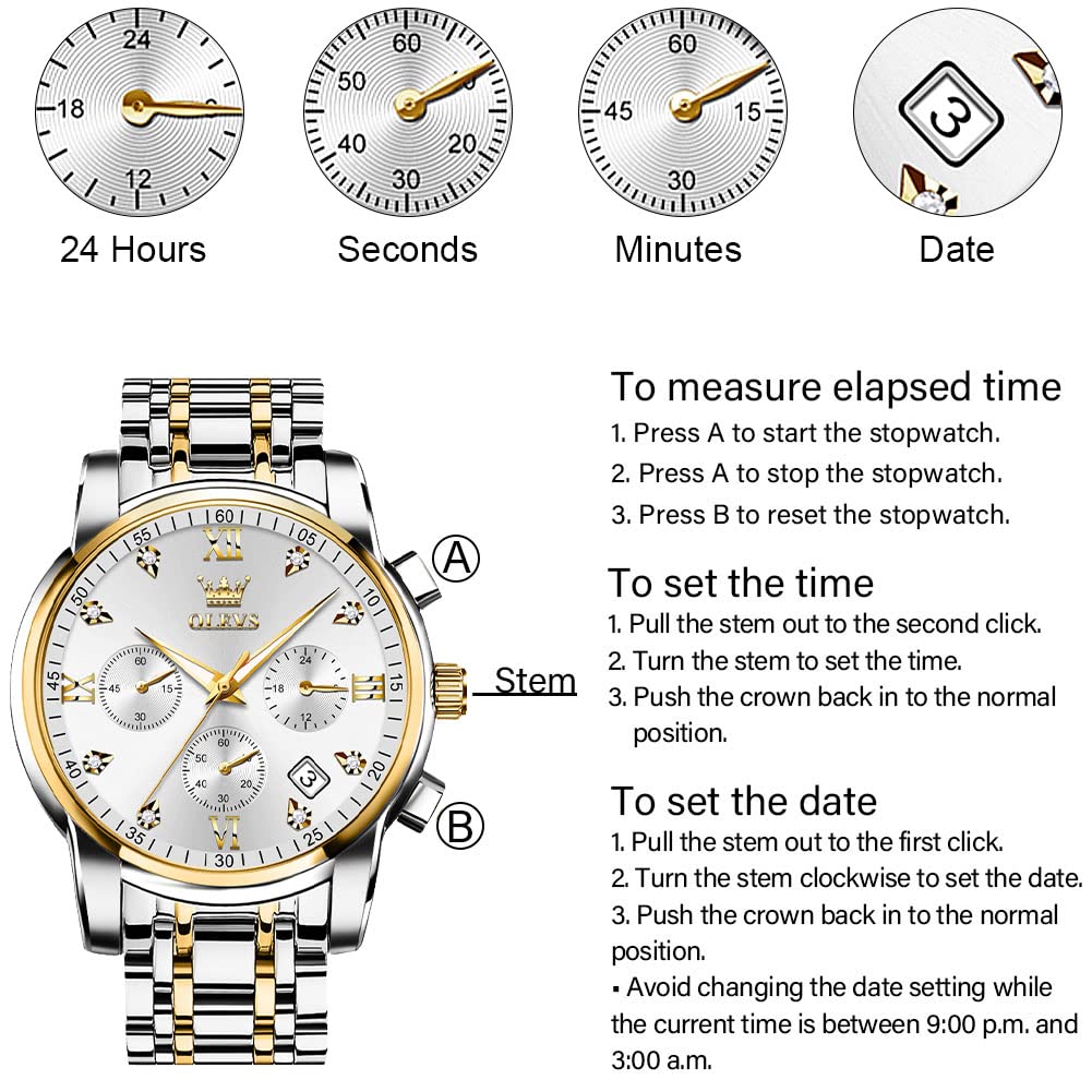 OLEVS Men's Stainless Steel Chronograph Watch, Big Face Gold Silver Black Tone Easy to Read Analog Quartz Watch, Luxury Waterproof Date Diamond Roman Arabic Numerals Dial Dress Watch for Men