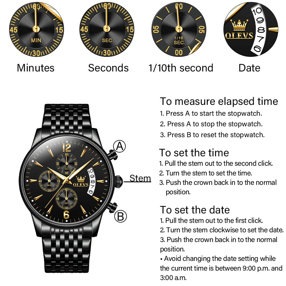 OLEVS Men's Stainless Steel Chronograph Watch, Big Face Gold Silver Black Tone Easy to Read Analog Quartz Watch, Luxury Waterproof Date Diamond Roman Arabic Numerals Dial Dress Watch for Men