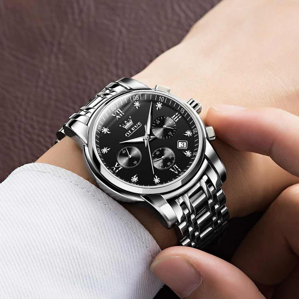 OLEVS Men's Stainless Steel Chronograph Watch, Big Face Gold Silver Black Tone Easy to Read Analog Quartz Watch, Luxury Waterproof Date Diamond Roman Arabic Numerals Dial Dress Watch for Men