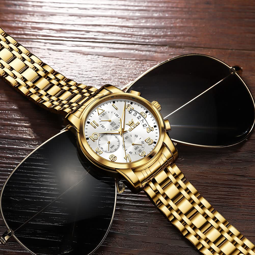 OLEVS Men's Stainless Steel Chronograph Watch, Big Face Gold Silver Black Tone Easy to Read Analog Quartz Watch, Luxury Waterproof Date Diamond Roman Arabic Numerals Dial Dress Watch for Men