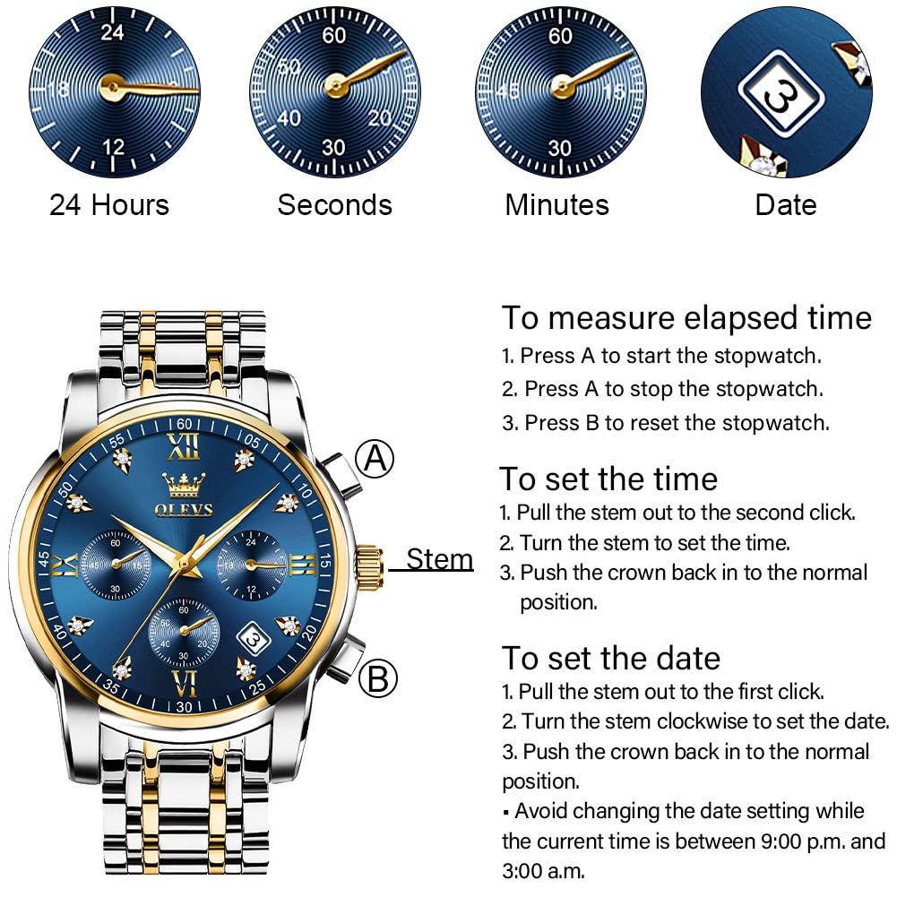 OLEVS Men's Stainless Steel Chronograph Watch, Big Face Gold Silver Black Tone Easy to Read Analog Quartz Watch, Luxury Waterproof Date Diamond Roman Arabic Numerals Dial Dress Watch for Men