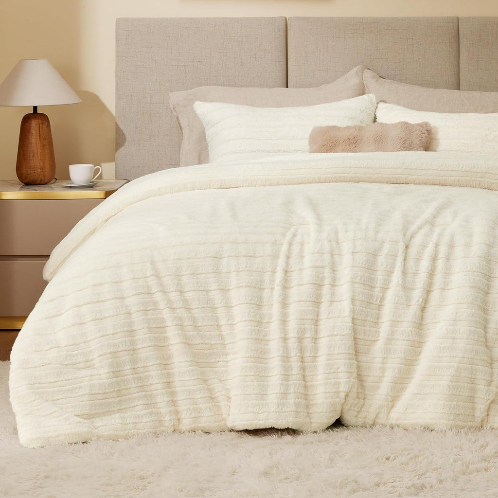 BEDELITE Fleece Queen Comforter Set -Super Soft & Warm Fluffy Cream White Bedding, Luxury Fuzzy Heavy Bed Set for Winter with 2 Pillow Cases