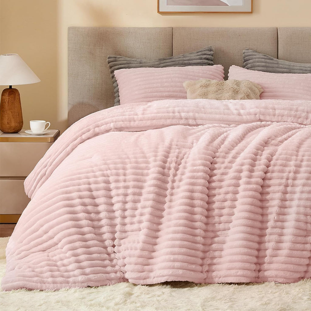 BEDELITE Fleece Queen Comforter Set -Super Soft & Warm Fluffy Cream White Bedding, Luxury Fuzzy Heavy Bed Set for Winter with 2 Pillow Cases