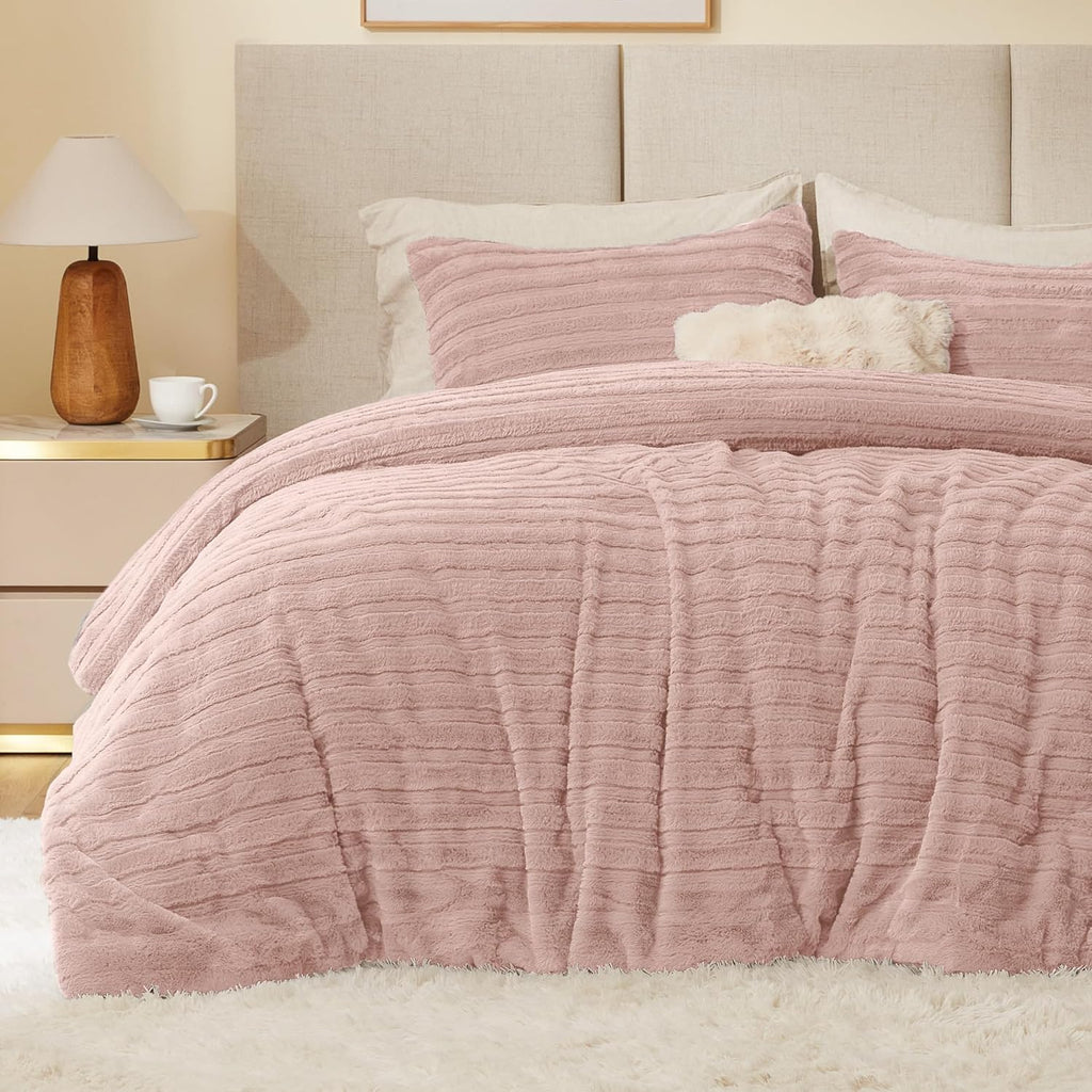 BEDELITE Fleece Queen Comforter Set -Super Soft & Warm Fluffy Cream White Bedding, Luxury Fuzzy Heavy Bed Set for Winter with 2 Pillow Cases